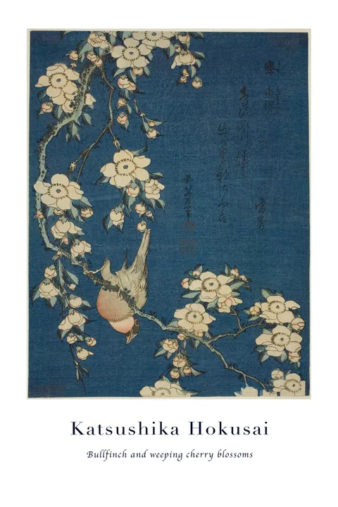 Japanse houtsnede van Hokusai met vogel aan kersenbloesemtak op blauwe achtergrond
