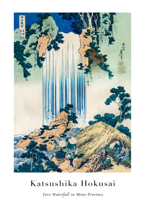 Klassieke Japanse houtsnede van Hokusai met een blauwe waterval en rotsen