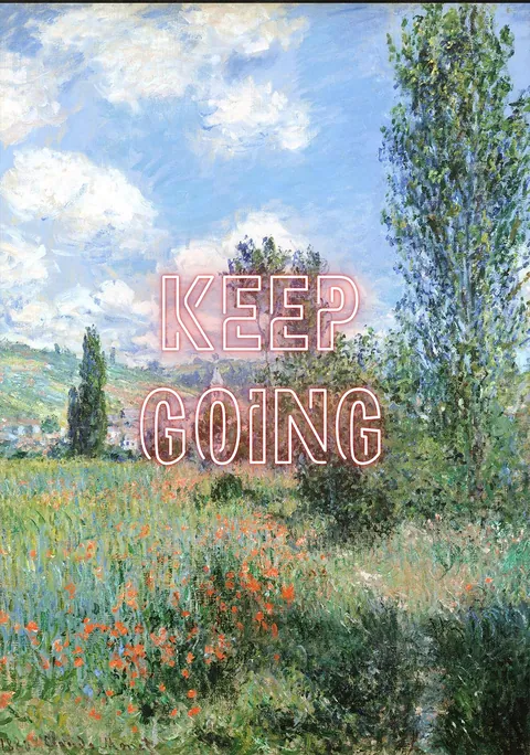 Klassiek landschap van Claude Monet met zachtroze oplichtende neonletters die Keep Going spellen