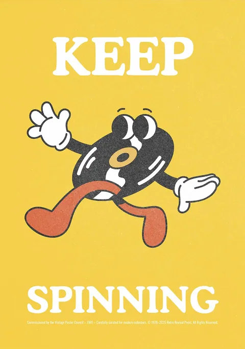 Illustratie van een rennende vinylplaat in vintage cartoonstijl op een gele achtergrond met tekst.