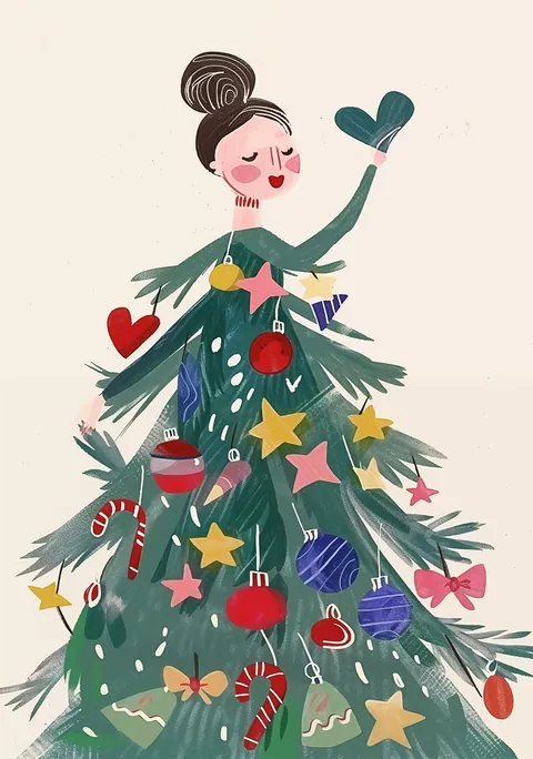 Illustratie van een vrouw in een groene jurk gevuld met kerstversiering