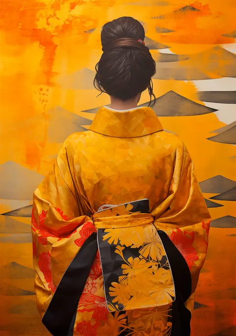 Vrouw op de rug gezien in een gele kimono met een gestileerde heuvelachtige achtergrond