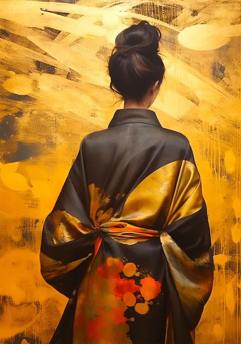 Vrouw van achteren in zwarte kimono met gouden details voor een goudgele achtergrond