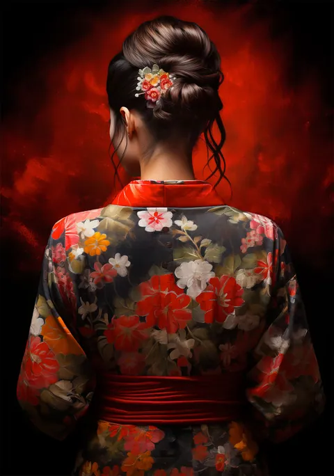 Vrouw op de rug gezien in een gebloemde kimono tegen een dieprode achtergrond