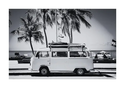 Zwart-witfoto van een klassiek camperbusje onder palmbomen aan het strand