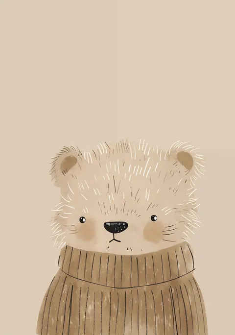 Illustratie van een klein beertje in een bruine gebreide coltrui op beige achtergrond