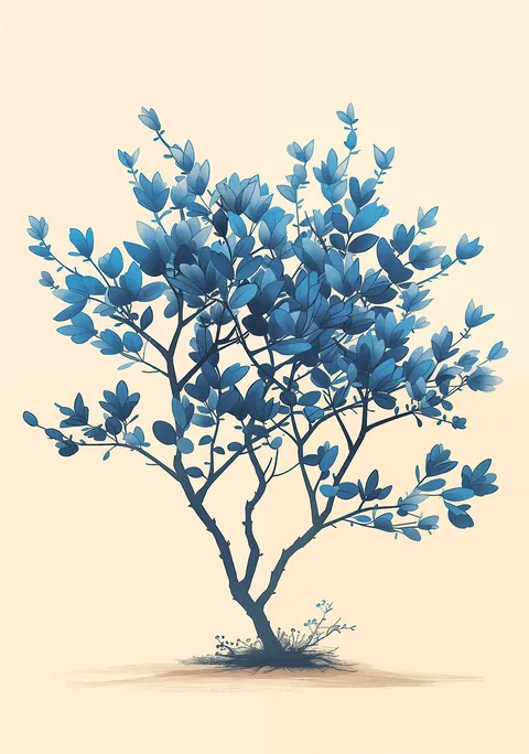 Illustratie van een kleine boom met blauwe bladeren op een zachtbeige achtergrond.