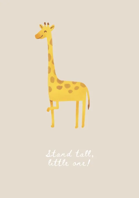 Illustratie van een gele jonge giraffe op een beige achtergrond met Engelse quote