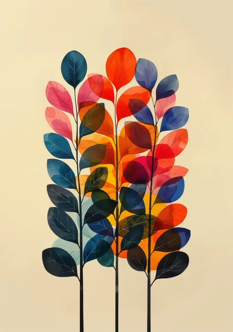 Illustratie van drie takken met transparante, overlappende bladeren in blauw, oranje en roze.