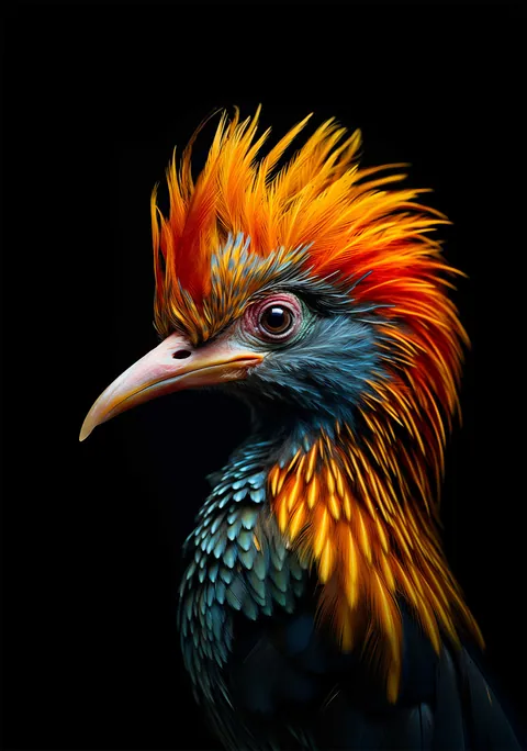 Gedetailleerd portret van een tropische vogel met oranje kuif op zwarte achtergrond