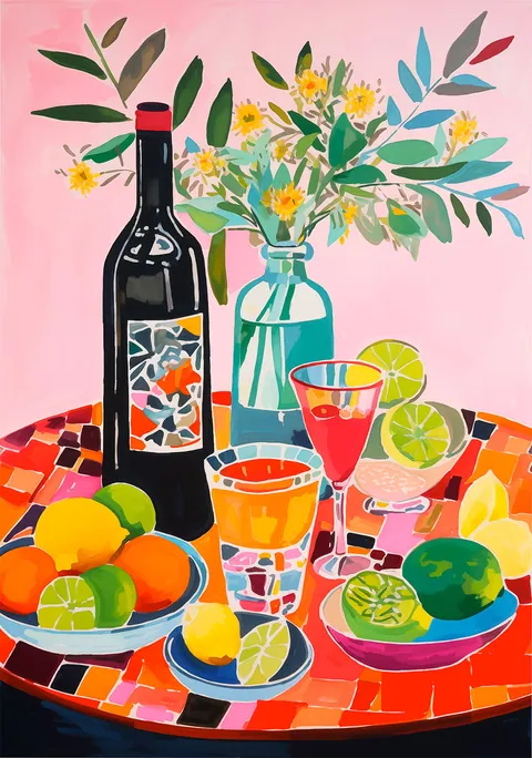 Kleurrijke illustratie van een tafel met wijnfles, bloemen, drankjes en schalen citrusfruit