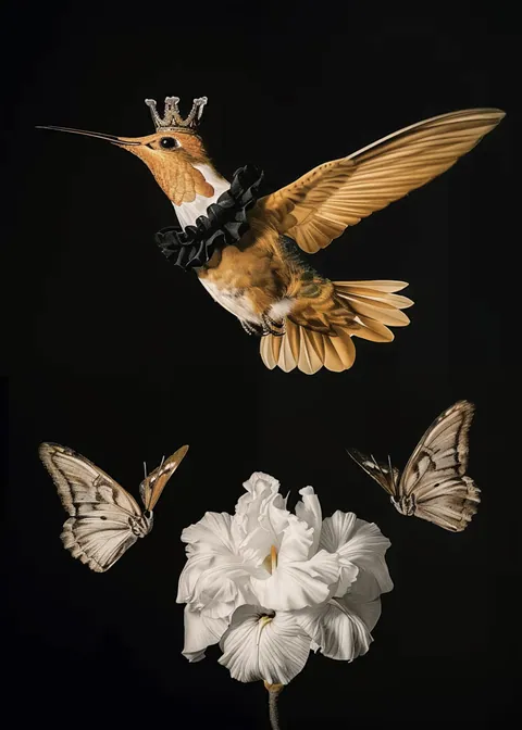 Vliegende kolibrie met kroon en kraag boven een witte bloem en vlinders.