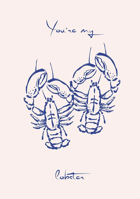 Blauwe lijntekening van twee kreeften met handgeschreven tekst You're my lobster
