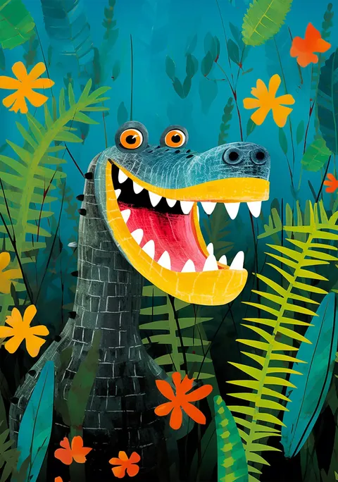 Illustratie van een lachende krokodil tussen groene junglebladeren en oranje bloemen
