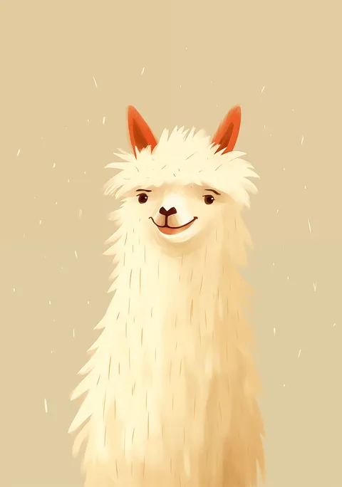 Geïllustreerde pluizige witte lama met een glimlach op een beige achtergrond