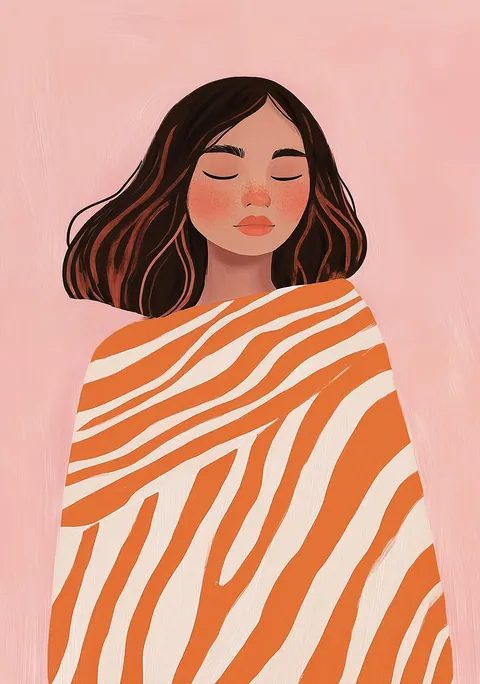 Illustratie van een vrouw met gesloten ogen onder een oranje-wit gestreepte deken op roze achtergrond