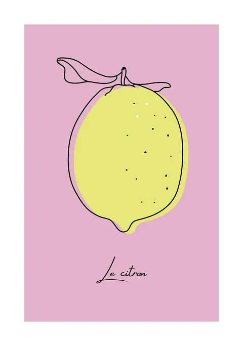 Illustratie van een gele citroen met zwarte lijntekening op een roze achtergrond