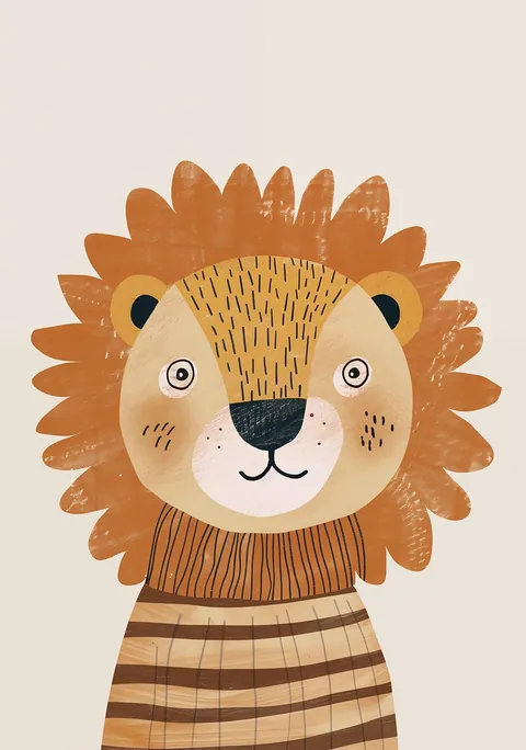 Illustratie van een vriendelijke leeuw met oranje manen in een gestreepte trui