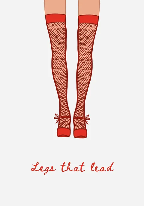 Illustratie van benen in rode visnetkousen en rode schoenen met tekst Legs that lead