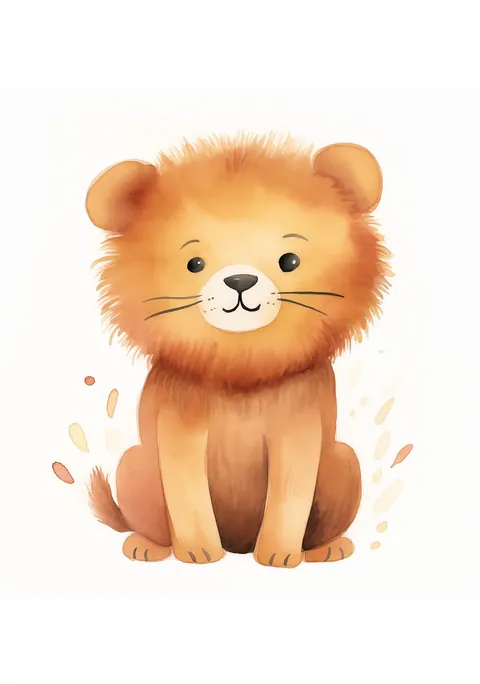 Aquarel illustratie van een zittend jong leeuwtje met pluizige manen.