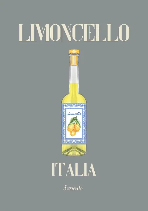 Illustratie van een fles limoncello tegen een grijze achtergrond met tekst Limoncello Italia