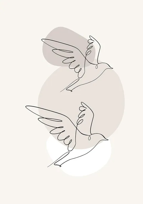 Lijntekening van twee vliegende vogels over zachte beige en roze abstracte vormen.