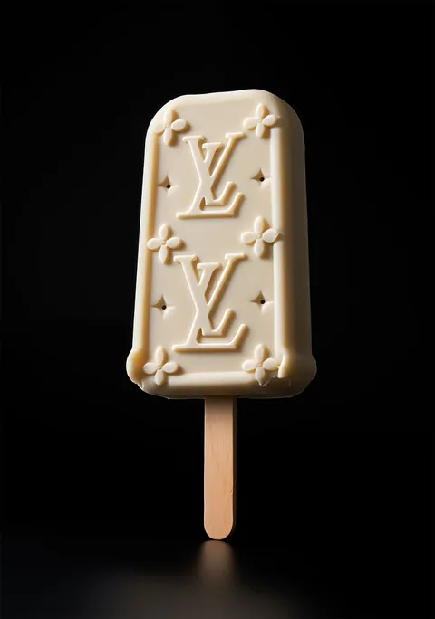 Een wit chocoladeijsje op een stokje met monogramreliëf tegen een zwarte achtergrond.