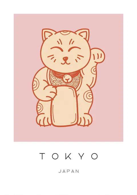 Illustratie van een Japanse gelukskat op een roze achtergrond met tekst Tokyo Japan