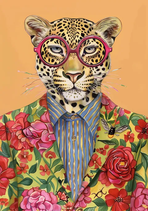 Illustratie van een luipaard met een ronde roze bril en een bloemenjasje.