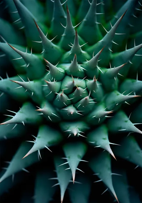 Bovenaanzicht van een blauwgroene cactus met scherpe stekels in macrodetail