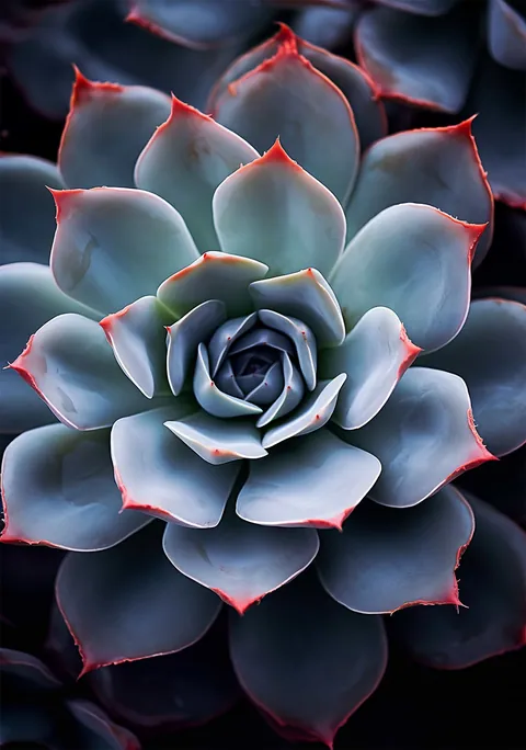 Macro opname van een blauwgrijze vetplant met rode bladpunten tegen een donkere achtergrond.