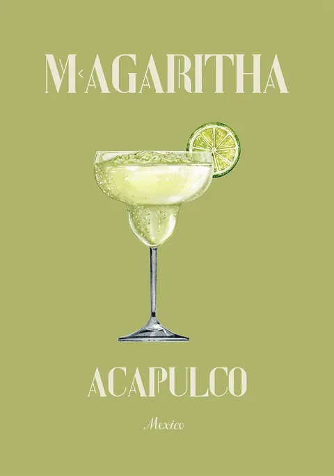 Illustratie van een margarita cocktail met limoen op een zachtgroene achtergrond