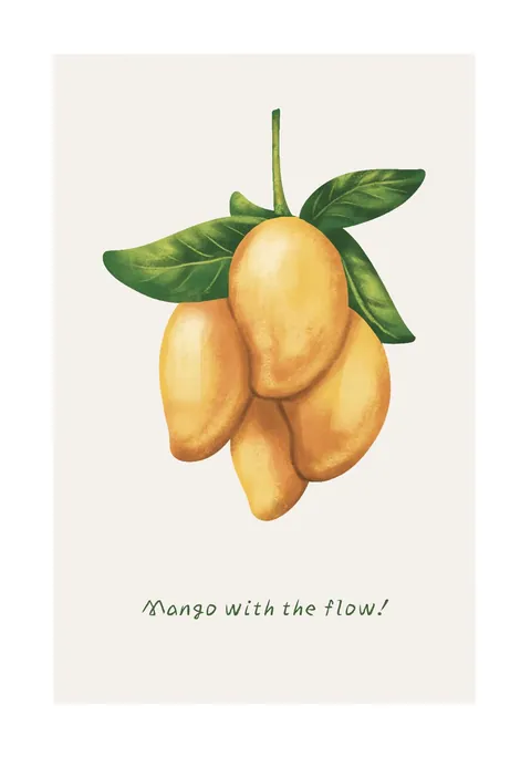 Illustratie van rijpe gele mango's aan een tak met de tekst Mango with the flow