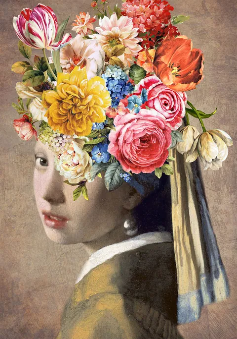 Schilderij Meisje met de parel met een grote krans van kleurrijke bloemen.
