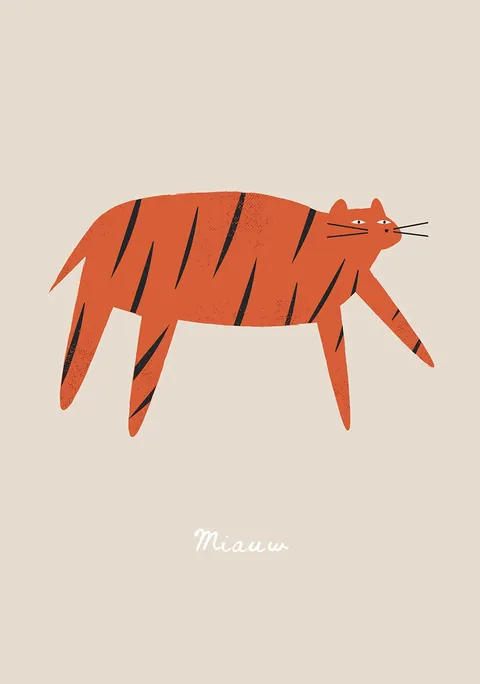 Illustratie van een oranje gestreepte kat met de tekst Miauw op beige achtergrond