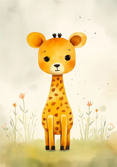 Aquarel illustratie van een schattige baby giraffe in een zacht bloemenveld.