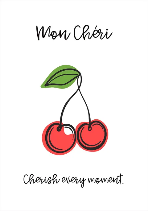 Illustratie van twee rode kersen met de teksten Mon Chéri en Cherish every moment.
