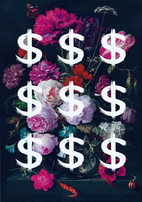 Klassiek donker bloemstilleven bedekt met negen witte geverfde dollartekens.