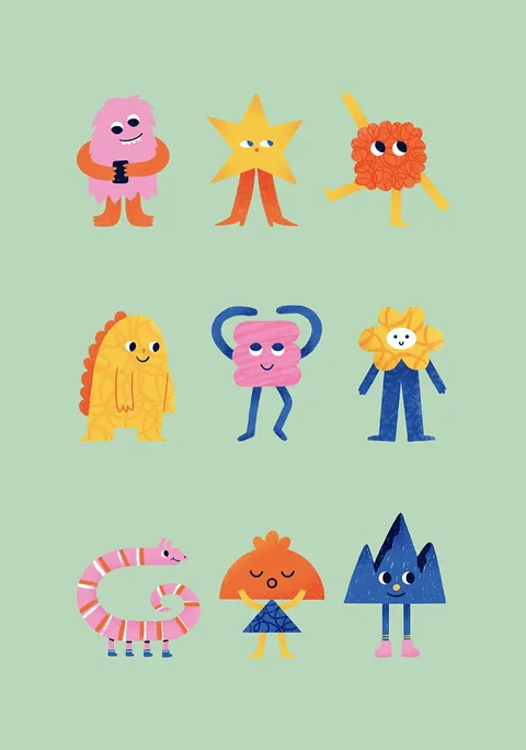 Illustratie van negen kleurrijke en vriendelijke fantasiewezens op een lichtgroene achtergrond.