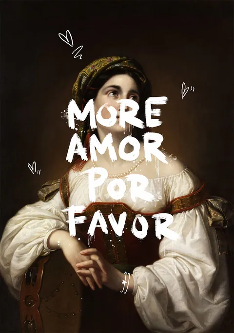 Klassiek schilderij van een vrouw met witte graffiti tekst More Amor Por Favor