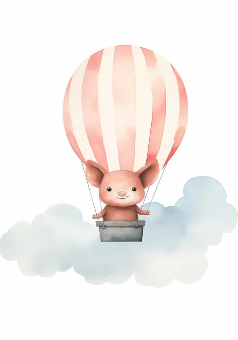Aquarel illustratie van een klein muisje in een roze-wit gestreepte luchtballon boven een wolk