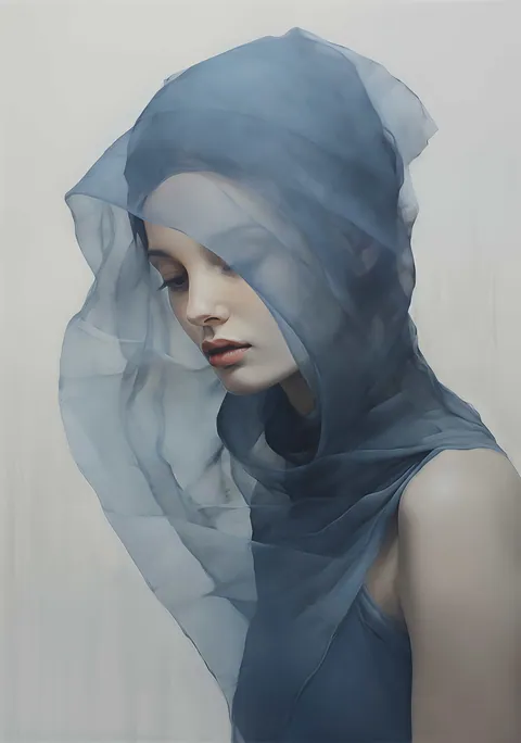 Schilderachtig portret van een vrouw gehuld in een doorschijnende blauwe sluier.