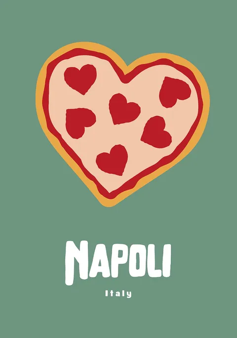 Illustratie van een hartvormige pizza met de tekst Napoli Italy op een groene achtergrond