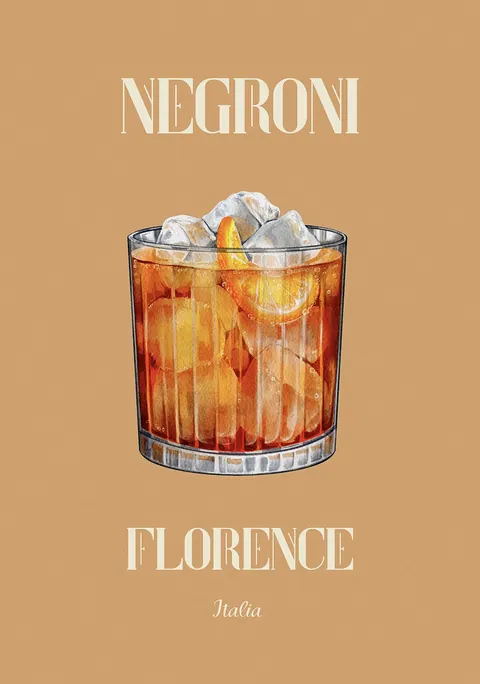 Illustratie van een glas Negroni met ijs en sinaasappel tegen een bruine achtergrond.