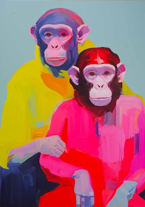 Geschilderd portret van twee chimpansees in felle neonkleuren zoals geel en roze.