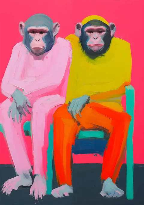 Schilderij van twee apen in kleurrijke kleding tegen een felroze achtergrond.