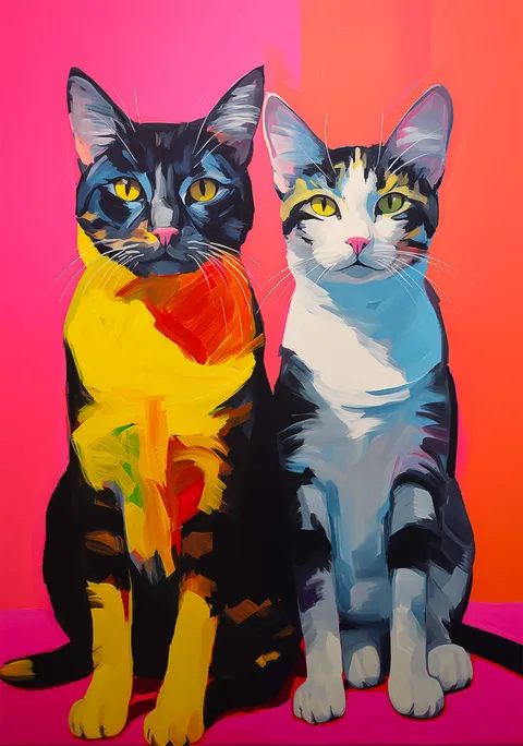 Kleurrijk schilderij van twee zittende katten tegen een felroze achtergrond met gele accenten.