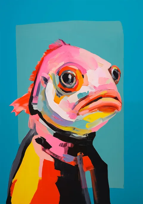 Geschilderd portret van een felgekleurde roze vis tegen een turquoise achtergrond