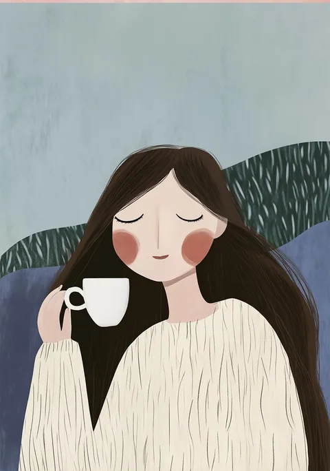 Illustratie van een vrouw in warme trui met gesloten ogen en koffiekop
