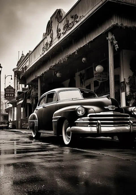 Zwart-witfoto van een klassieke Amerikaanse auto geparkeerd in een historische stadsstraat
